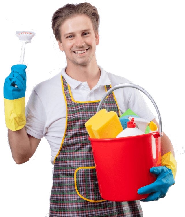 Professional handyman wearing blue uniform smiling confidently