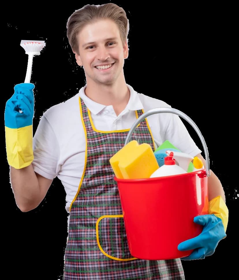 Professional handyman wearing blue uniform smiling confidently