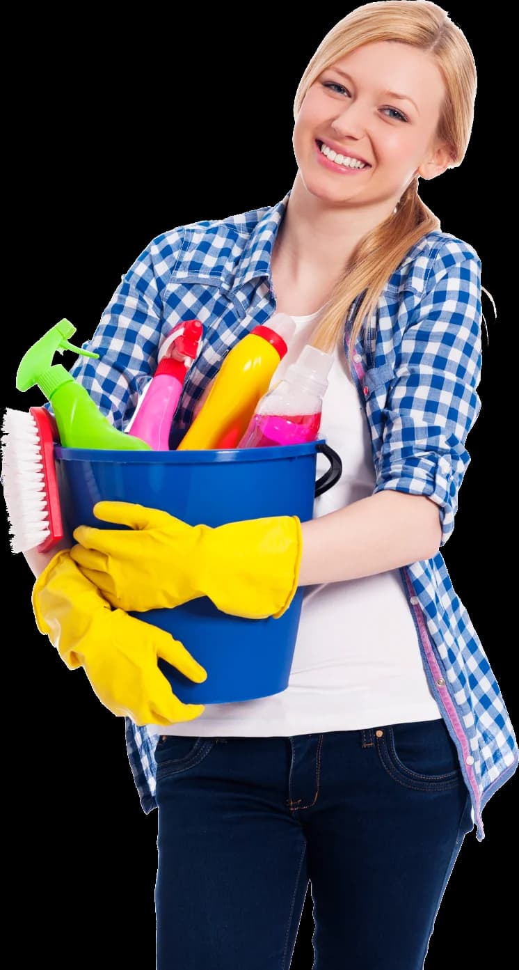Professional cleaner wearing blue uniform with arms crossed and smiling